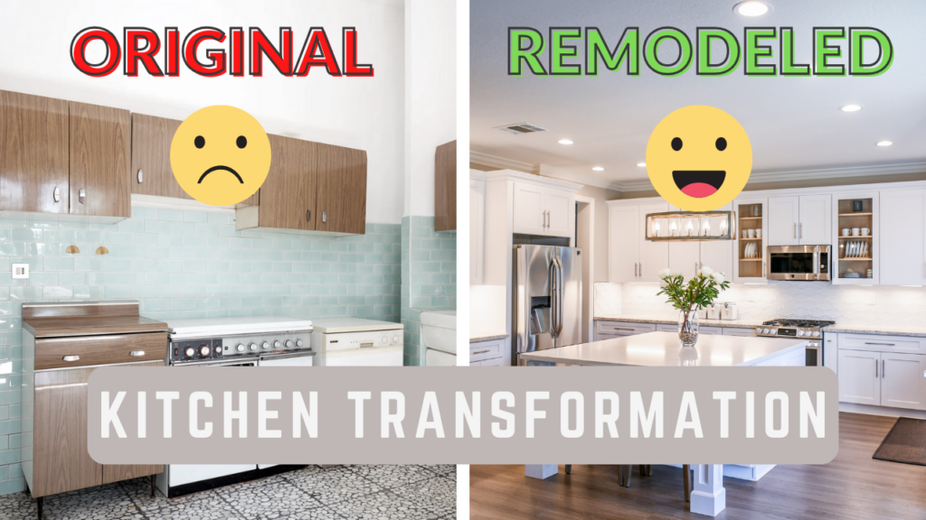 Comparison of original 1980s Woodbridge kitchen and modern remodeled kitchen