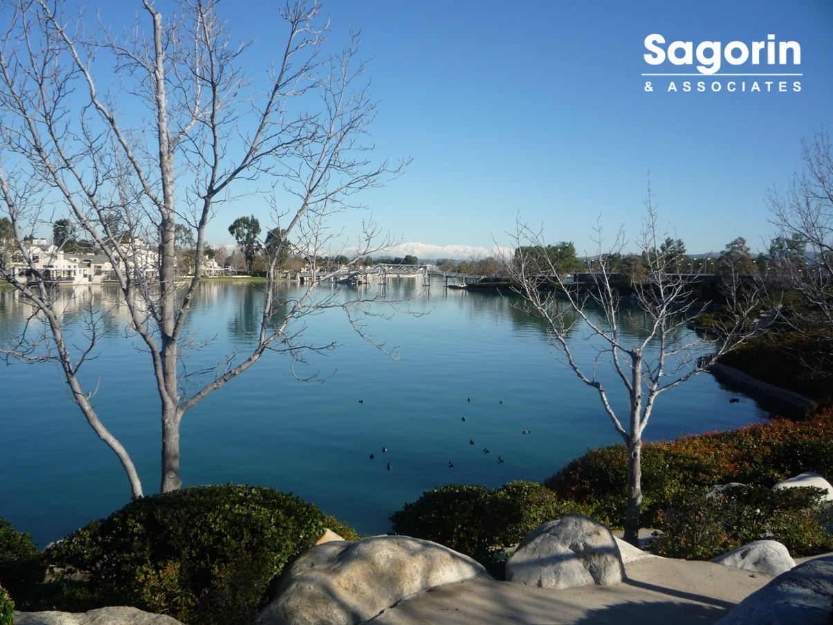 South Lake, calm water with bridge reflection