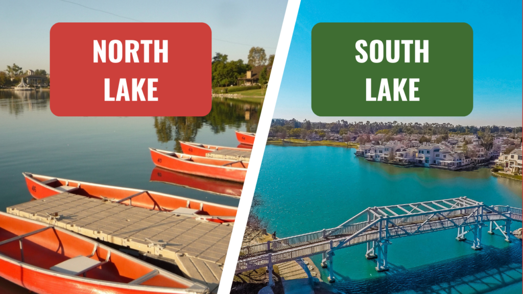 Side by side comparison of North Lake and South Lake in Woodbridge Irvine showing dock bridge over lagoon