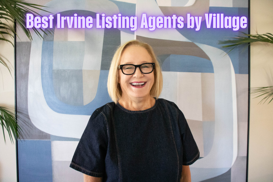Debbie Sagorin, Irvine Realtor, standing in front of an abstract painting