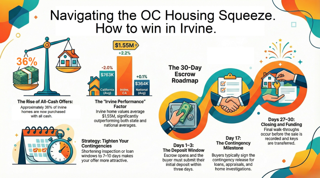 Infographic explaining how to win in Irvine multiple offers with tighter contingency timelines and escrow milestones