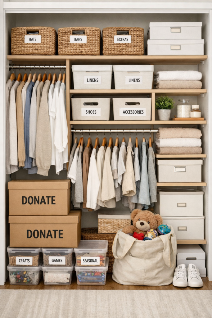Organized closet with labeled bins, folded clothes, and donation boxes for January home decluttering in Irvine