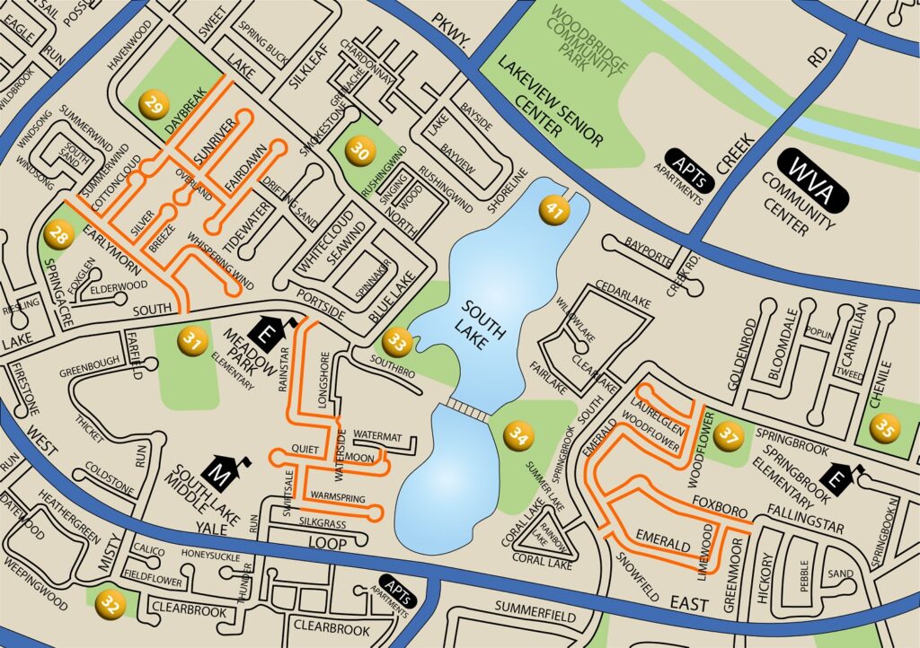 Map of streets in The Landings (Landing I & II), Woodbridge village, Irvine CA