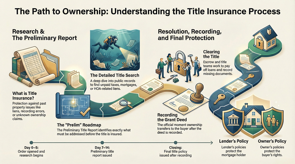 Infographic showing the title insurance process and preliminary title report roadmap during escrow for Irvine home buyers