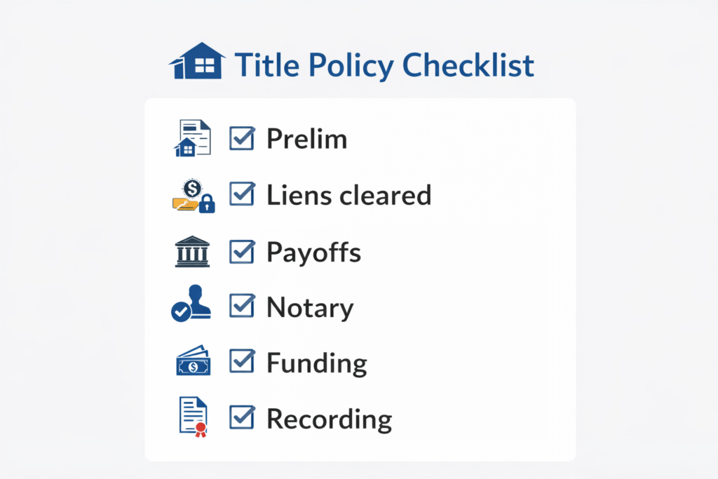 Title policy checklist for Irvine and Woodbridge escrow showing prelim, liens cleared, payoffs, notary, funding, and recording