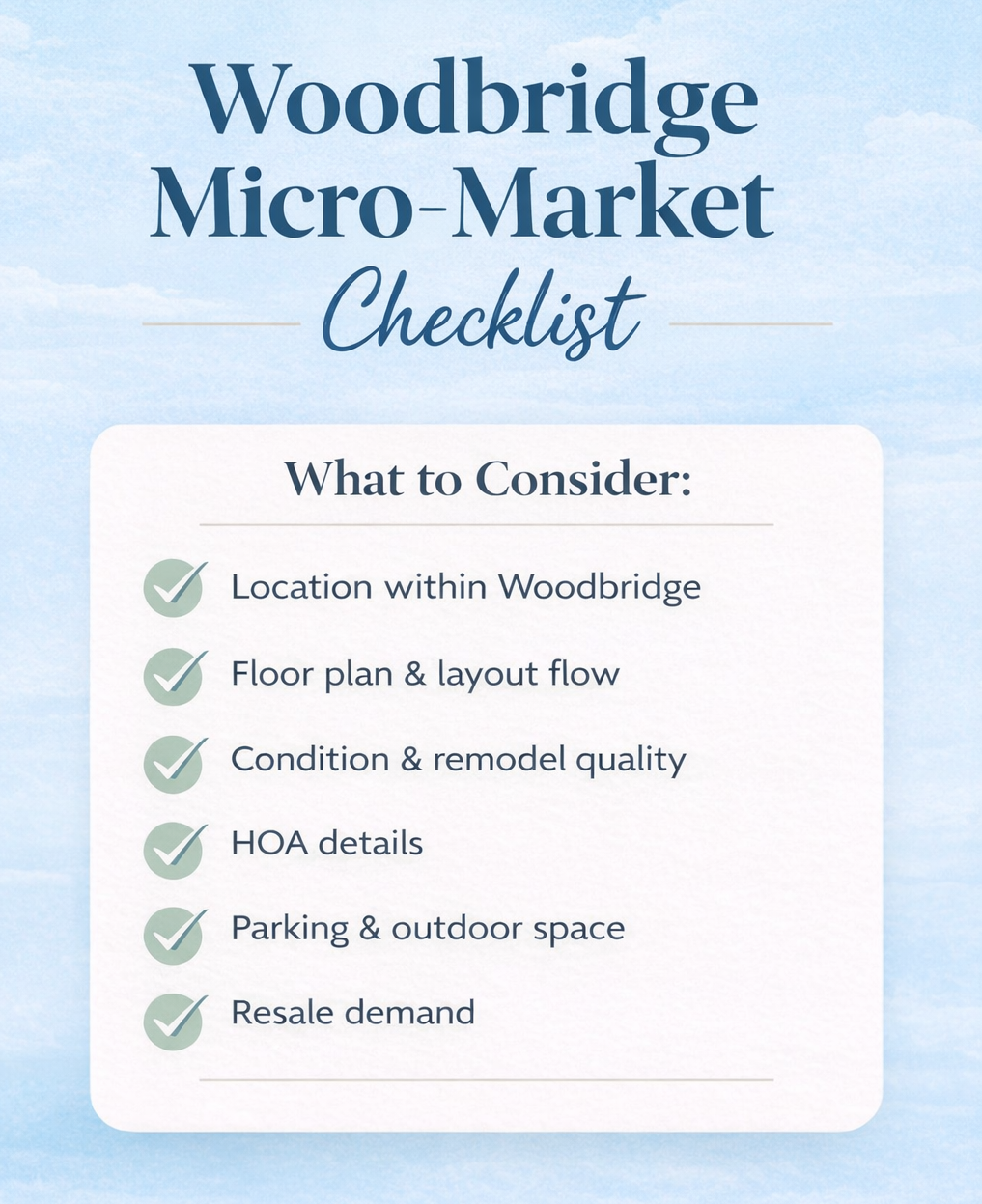 Woodbridge micro-market checklist showing key factors that affect home value and competition
