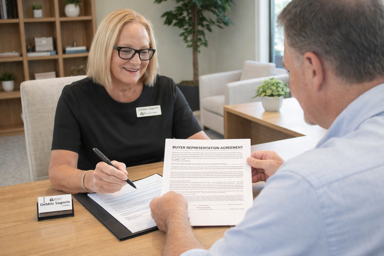 Homebuyer reviewing a buyer representation agreement with an Irvine real estate agent Debbie Sagorin