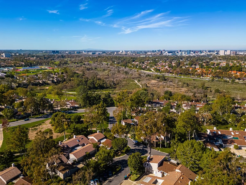 City lights and hillside view from a Turtle Rock Irvine home overlooking trees and surrounding neighborhood
