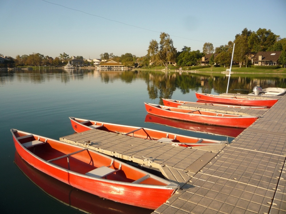 Row boat rentals on North Lake in Woodbridge Irvine, popular lake amenity for residents