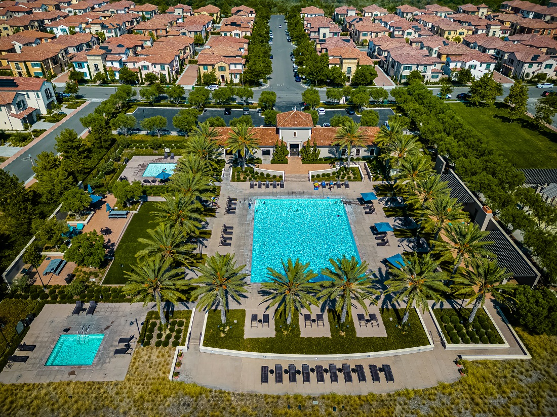 Aerial view of Orchard Hills community pool, park, and homes in Irvine, California, May 2026 real estate market update