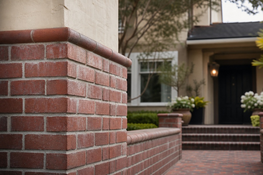 Brick masonry entrance wall with tile capstone at a Turtle Rock Irvine home, mature landscaping and steps leading to the front door